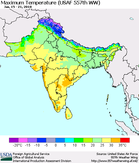 Southern Asia Mean Maximum Temperature (USAF 557th WW) Thematic Map For 1/15/2018 - 1/21/2018