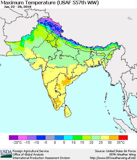 Southern Asia Mean Maximum Temperature (USAF 557th WW) Thematic Map For 1/22/2018 - 1/28/2018