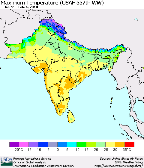 Southern Asia Mean Maximum Temperature (USAF 557th WW) Thematic Map For 1/29/2018 - 2/4/2018