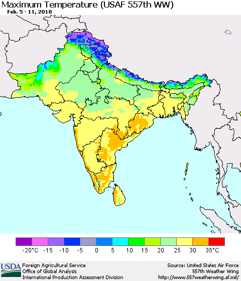 Southern Asia Mean Maximum Temperature (USAF 557th WW) Thematic Map For 2/5/2018 - 2/11/2018