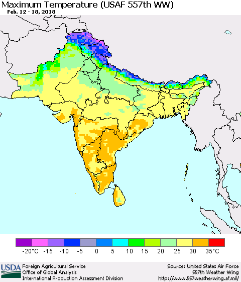Southern Asia Mean Maximum Temperature (USAF 557th WW) Thematic Map For 2/12/2018 - 2/18/2018