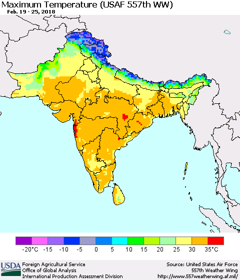 Southern Asia Mean Maximum Temperature (USAF 557th WW) Thematic Map For 2/19/2018 - 2/25/2018