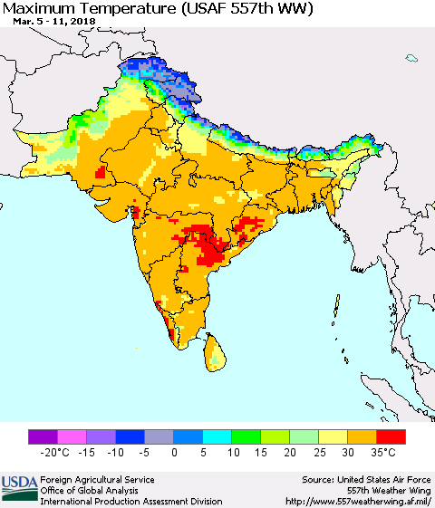 Southern Asia Mean Maximum Temperature (USAF 557th WW) Thematic Map For 3/5/2018 - 3/11/2018