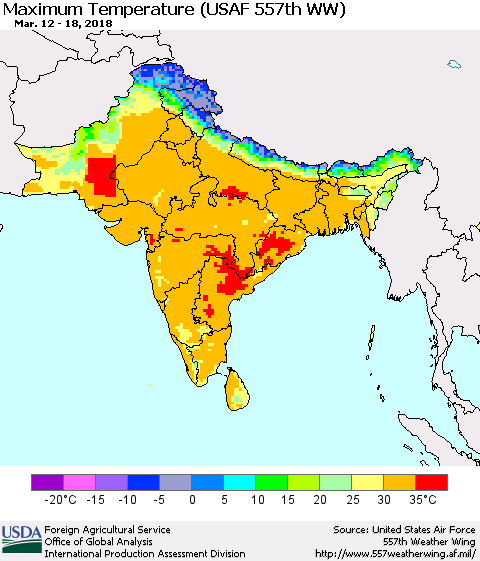 Southern Asia Mean Maximum Temperature (USAF 557th WW) Thematic Map For 3/12/2018 - 3/18/2018