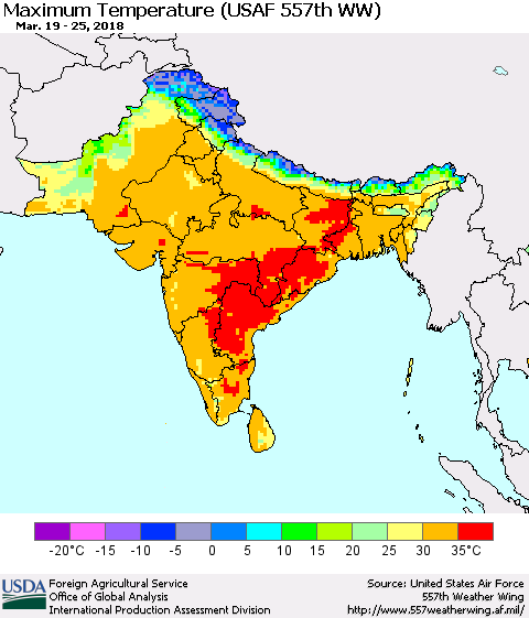 Southern Asia Mean Maximum Temperature (USAF 557th WW) Thematic Map For 3/19/2018 - 3/25/2018