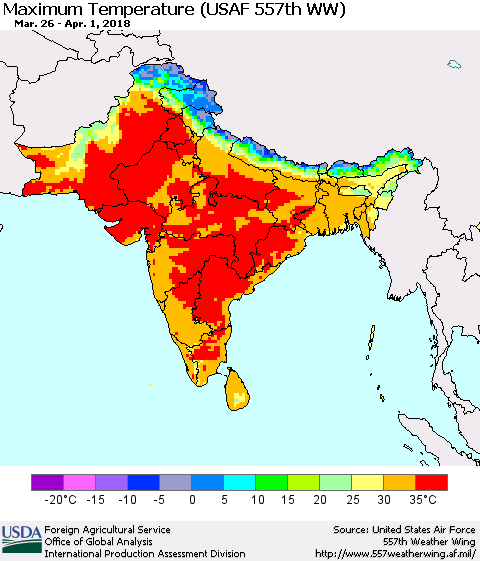Southern Asia Mean Maximum Temperature (USAF 557th WW) Thematic Map For 3/26/2018 - 4/1/2018