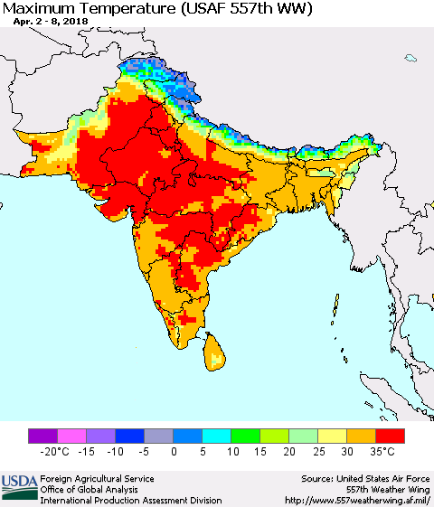 Southern Asia Mean Maximum Temperature (USAF 557th WW) Thematic Map For 4/2/2018 - 4/8/2018