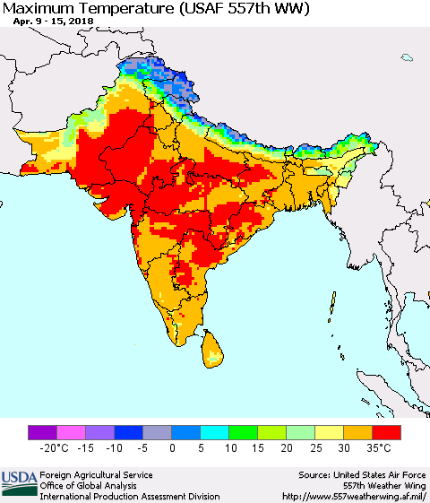 Southern Asia Mean Maximum Temperature (USAF 557th WW) Thematic Map For 4/9/2018 - 4/15/2018