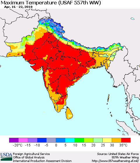 Southern Asia Mean Maximum Temperature (USAF 557th WW) Thematic Map For 4/16/2018 - 4/22/2018