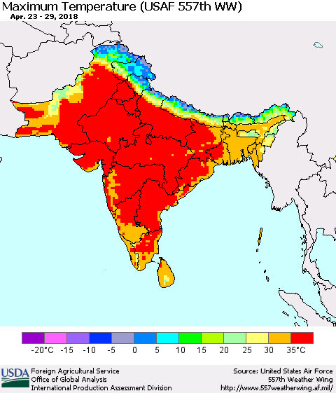 Southern Asia Mean Maximum Temperature (USAF 557th WW) Thematic Map For 4/23/2018 - 4/29/2018