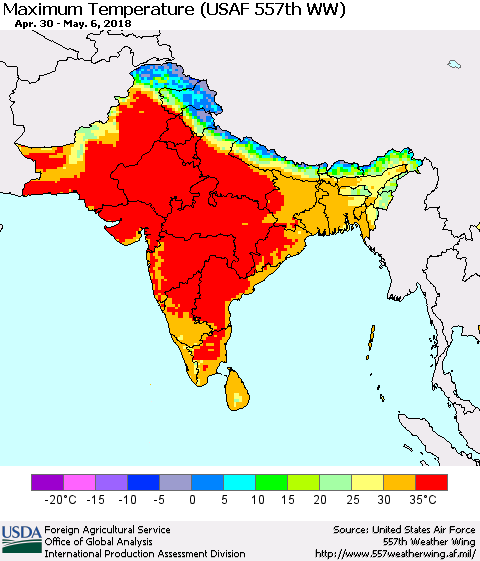 Southern Asia Mean Maximum Temperature (USAF 557th WW) Thematic Map For 4/30/2018 - 5/6/2018