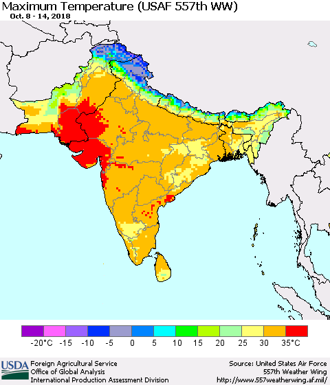 Southern Asia Mean Maximum Temperature (USAF 557th WW) Thematic Map For 10/8/2018 - 10/14/2018