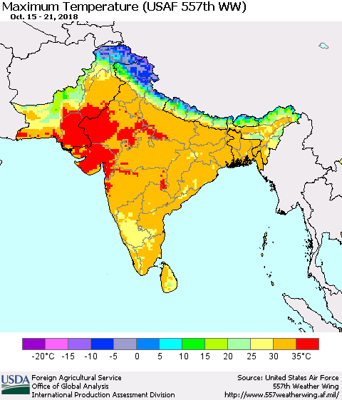 Southern Asia Mean Maximum Temperature (USAF 557th WW) Thematic Map For 10/15/2018 - 10/21/2018