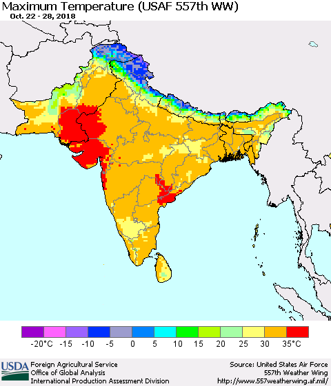Southern Asia Mean Maximum Temperature (USAF 557th WW) Thematic Map For 10/22/2018 - 10/28/2018