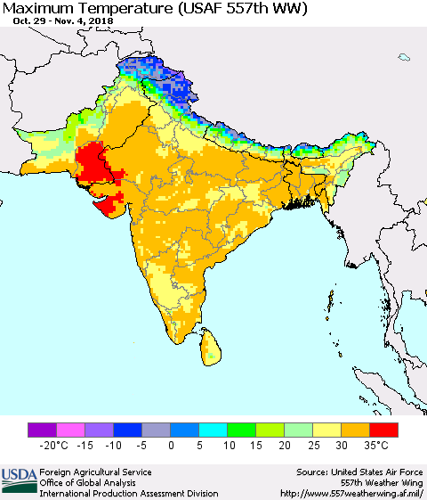 Southern Asia Mean Maximum Temperature (USAF 557th WW) Thematic Map For 10/29/2018 - 11/4/2018