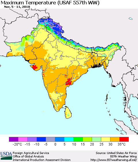 Southern Asia Mean Maximum Temperature (USAF 557th WW) Thematic Map For 11/5/2018 - 11/11/2018
