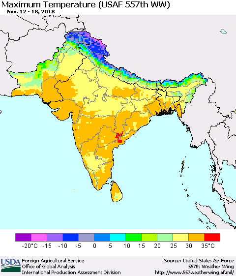 Southern Asia Mean Maximum Temperature (USAF 557th WW) Thematic Map For 11/12/2018 - 11/18/2018