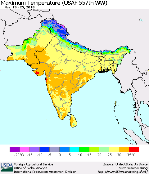 Southern Asia Mean Maximum Temperature (USAF 557th WW) Thematic Map For 11/19/2018 - 11/25/2018