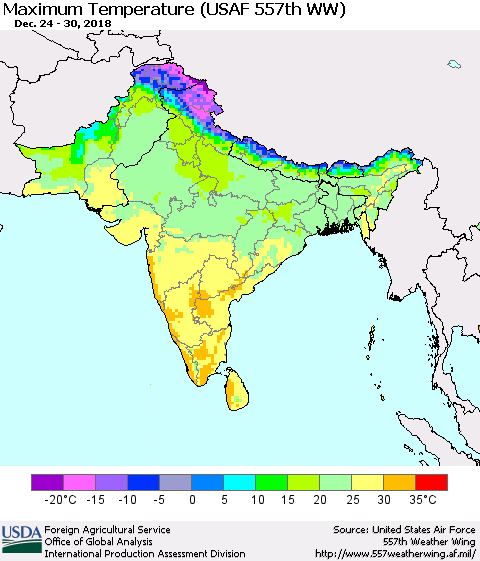 Southern Asia Mean Maximum Temperature (USAF 557th WW) Thematic Map For 12/24/2018 - 12/30/2018