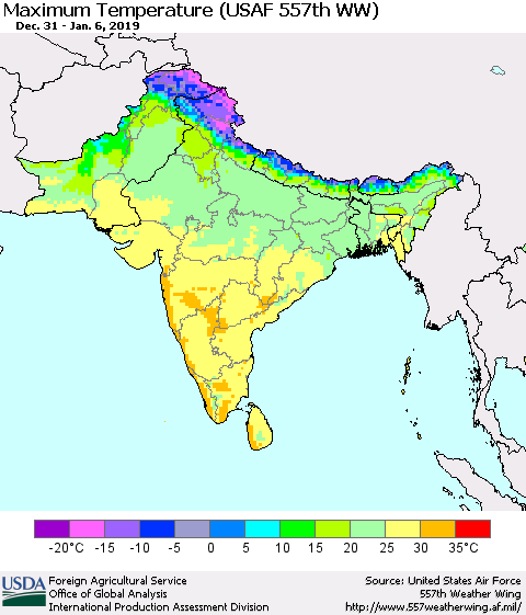 Southern Asia Mean Maximum Temperature (USAF 557th WW) Thematic Map For 12/31/2018 - 1/6/2019