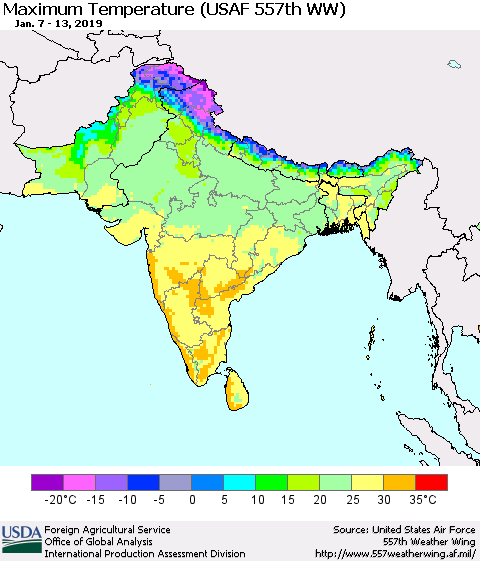 Southern Asia Mean Maximum Temperature (USAF 557th WW) Thematic Map For 1/7/2019 - 1/13/2019