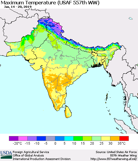 Southern Asia Mean Maximum Temperature (USAF 557th WW) Thematic Map For 1/14/2019 - 1/20/2019