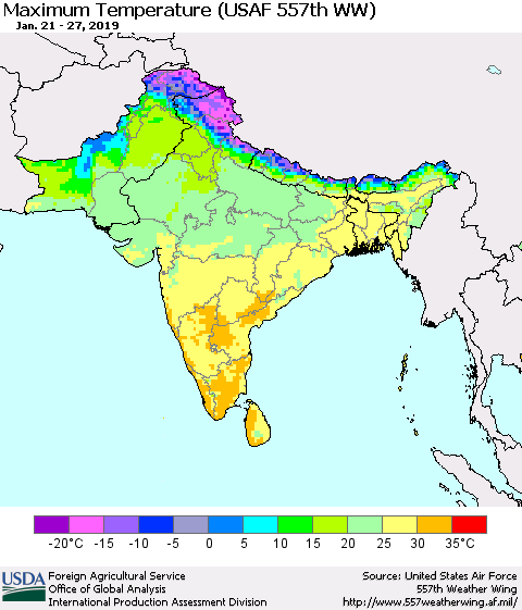 Southern Asia Mean Maximum Temperature (USAF 557th WW) Thematic Map For 1/21/2019 - 1/27/2019