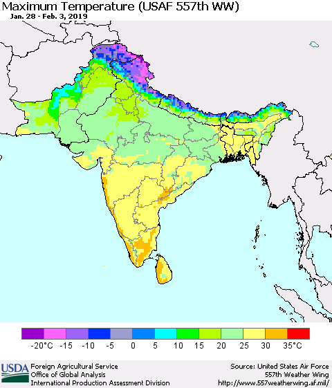 Southern Asia Mean Maximum Temperature (USAF 557th WW) Thematic Map For 1/28/2019 - 2/3/2019