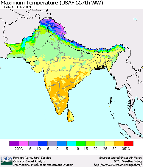 Southern Asia Mean Maximum Temperature (USAF 557th WW) Thematic Map For 2/4/2019 - 2/10/2019