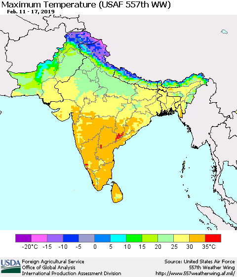 Southern Asia Mean Maximum Temperature (USAF 557th WW) Thematic Map For 2/11/2019 - 2/17/2019