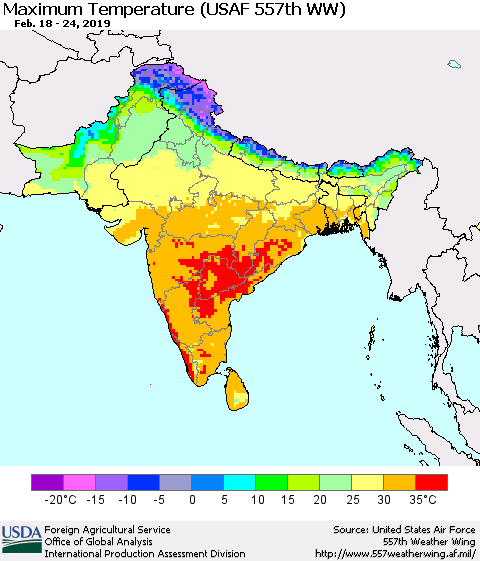 Southern Asia Mean Maximum Temperature (USAF 557th WW) Thematic Map For 2/18/2019 - 2/24/2019