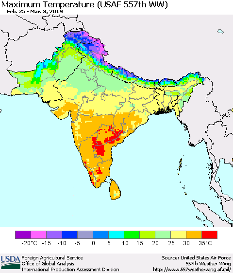 Southern Asia Mean Maximum Temperature (USAF 557th WW) Thematic Map For 2/25/2019 - 3/3/2019