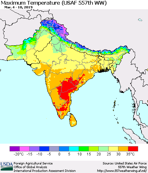 Southern Asia Mean Maximum Temperature (USAF 557th WW) Thematic Map For 3/4/2019 - 3/10/2019