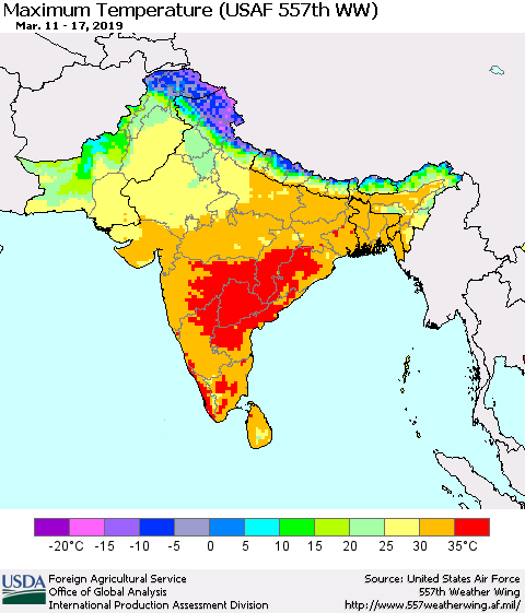 Southern Asia Mean Maximum Temperature (USAF 557th WW) Thematic Map For 3/11/2019 - 3/17/2019