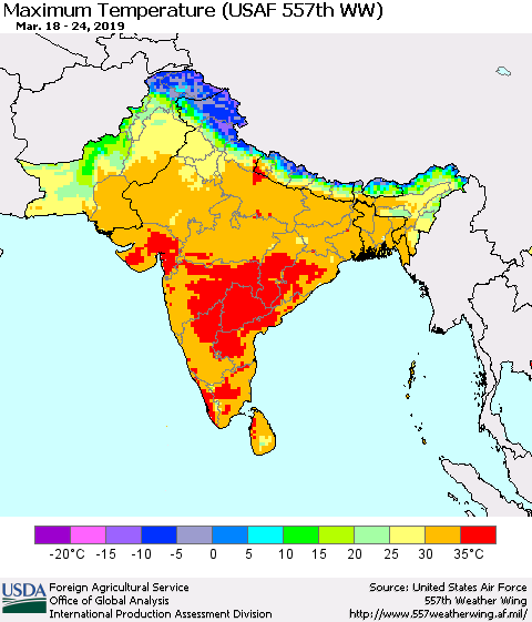 Southern Asia Mean Maximum Temperature (USAF 557th WW) Thematic Map For 3/18/2019 - 3/24/2019