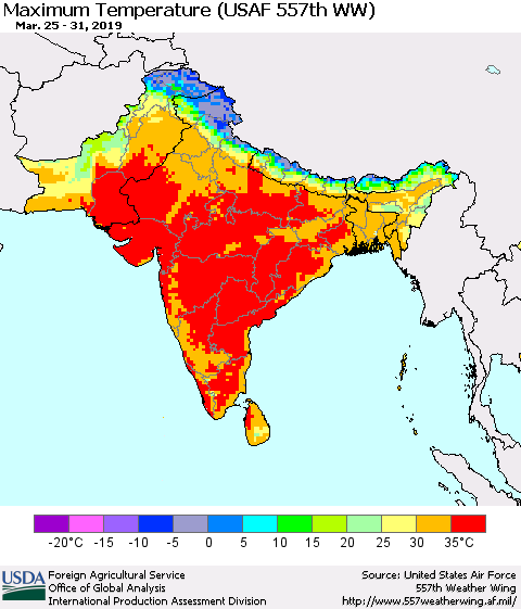 Southern Asia Mean Maximum Temperature (USAF 557th WW) Thematic Map For 3/25/2019 - 3/31/2019