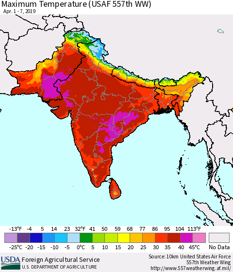 Southern Asia Mean Maximum Temperature (USAF 557th WW) Thematic Map For 4/1/2019 - 4/7/2019
