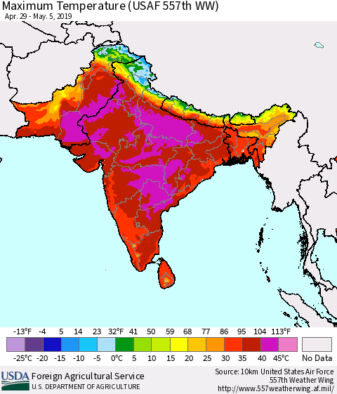 Southern Asia Mean Maximum Temperature (USAF 557th WW) Thematic Map For 4/29/2019 - 5/5/2019