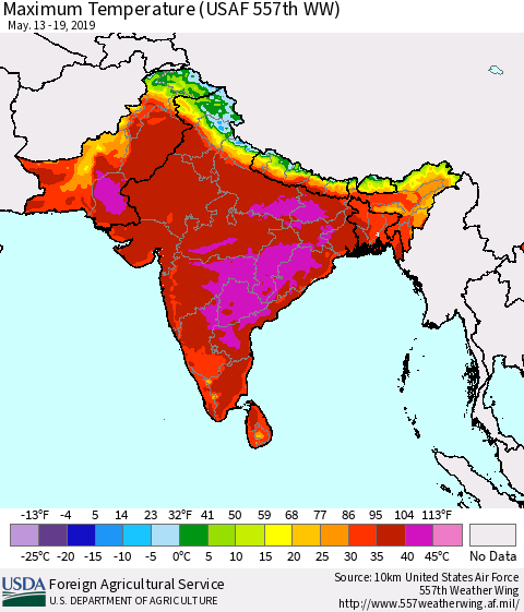 Southern Asia Maximum Temperature (USAF 557th WW) Thematic Map For 5/13/2019 - 5/19/2019