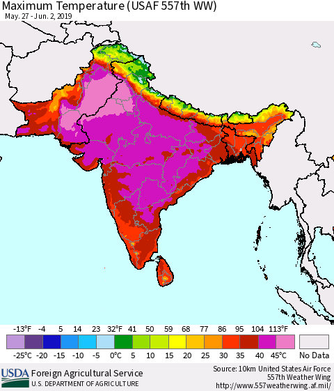 Southern Asia Maximum Temperature (USAF 557th WW) Thematic Map For 5/27/2019 - 6/2/2019
