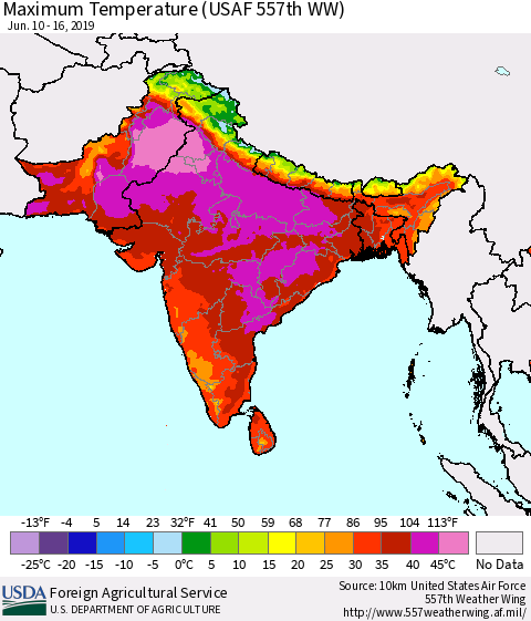 Southern Asia Maximum Temperature (USAF 557th WW) Thematic Map For 6/10/2019 - 6/16/2019