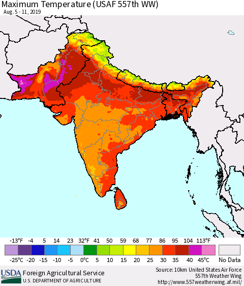 Southern Asia Maximum Temperature (USAF 557th WW) Thematic Map For 8/5/2019 - 8/11/2019