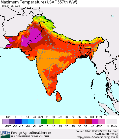 Southern Asia Mean Maximum Temperature (USAF 557th WW) Thematic Map For 9/9/2019 - 9/15/2019
