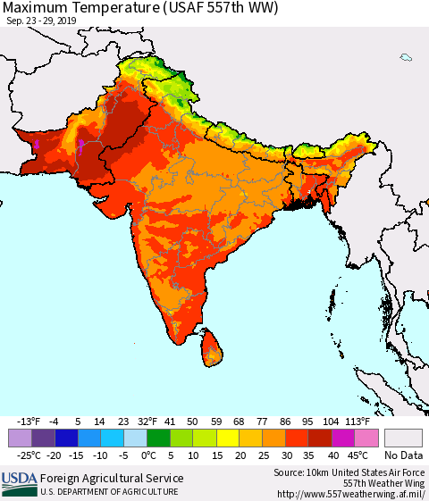 Southern Asia Maximum Temperature (USAF 557th WW) Thematic Map For 9/23/2019 - 9/29/2019