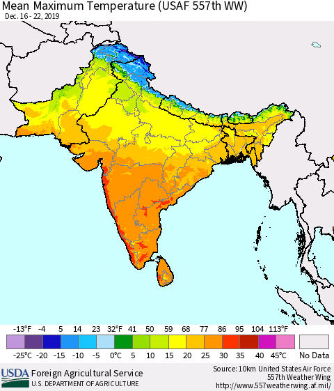 Southern Asia Maximum Temperature (USAF 557th WW) Thematic Map For 12/16/2019 - 12/22/2019