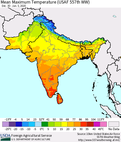 Southern Asia Maximum Temperature (USAF 557th WW) Thematic Map For 12/30/2019 - 1/5/2020