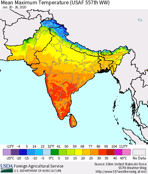 Southern Asia Maximum Temperature (USAF 557th WW) Thematic Map For 1/20/2020 - 1/26/2020