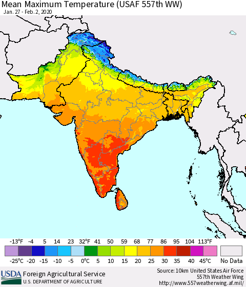 Southern Asia Maximum Temperature (USAF 557th WW) Thematic Map For 1/27/2020 - 2/2/2020