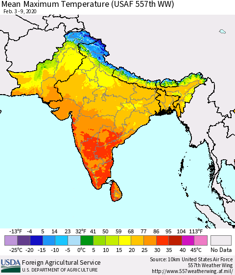 Southern Asia Maximum Temperature (USAF 557th WW) Thematic Map For 2/3/2020 - 2/9/2020