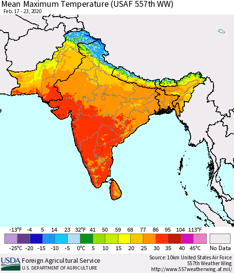 Southern Asia Maximum Temperature (USAF 557th WW) Thematic Map For 2/17/2020 - 2/23/2020
